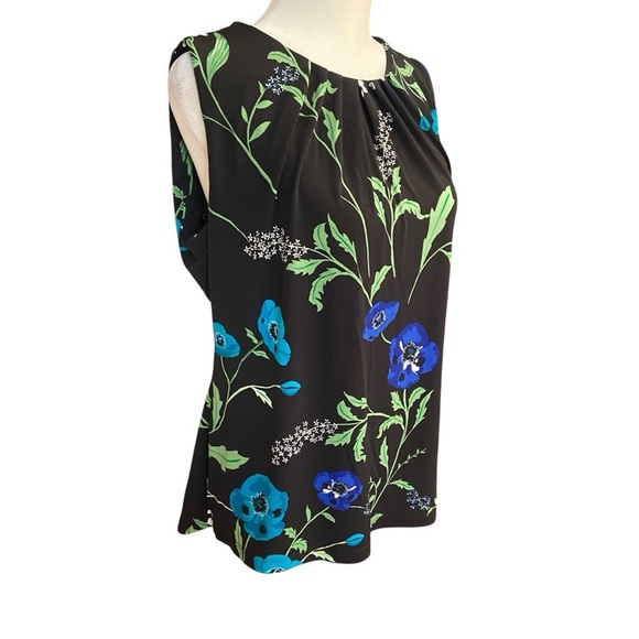 Calvin Klein Janice Pleated Neck Knit Top Size L Sleeveless Black Floral Career - Picture 3 of 13